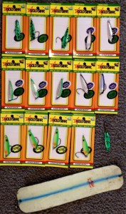 My favorite Kingfisher spoon is the green glow spatterback. The halibut went for the cop car colored spoon. All of these spoons work great, but the greens work best for salmon on Eastern Bank.